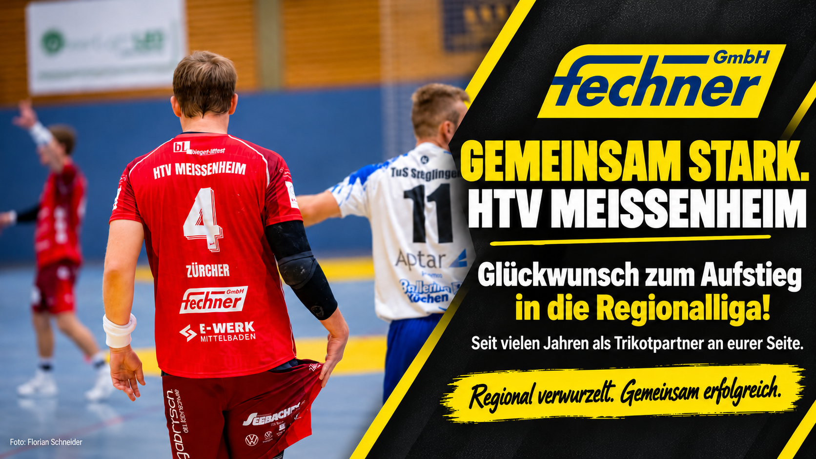 Fechner gratuliert dem HTV Meißenheim zum Regionalliga-Aufstieg. Spieler mit Fechner-Werbung auf dem Trikotrücken.